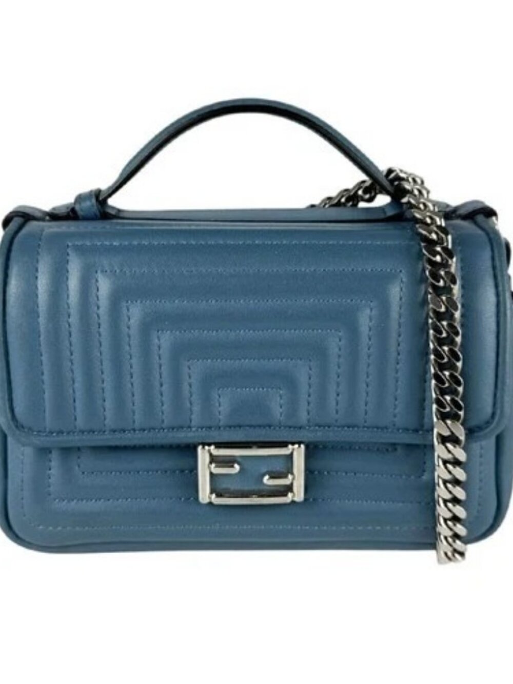 Auth FENDI Double Micro Baguette Handbag Shoulder Bag Blue/Silver Leather z11049